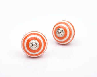 Orange Ceramic Cabinet Knob, Hand-painted bullseye design, Round drawer hardware
