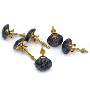 Blue and gold brass cabinet/drawer knob with Mughal floral motif, round brass hardware, mounting bolt.
