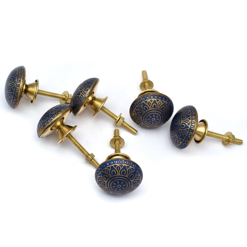 Blue and gold brass cabinet/drawer knob with Mughal floral motif, round brass hardware, mounting bolt.