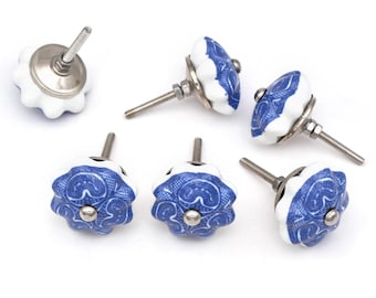 Pomelli a forma di zucca in ceramica blu e bianca fatti a mano, per la casa (set da 1 pomello)