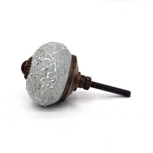 Gray ceramic knobs with hand-painted white mandala floral pattern, bronze back, threaded metal screw, home decor hardware