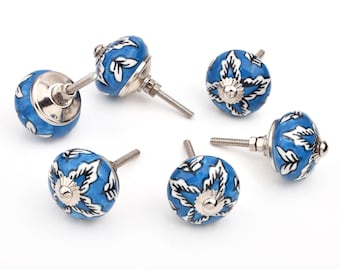 Blue Floral Painted Knob: Hand-Painted Drawer Pull, Rose Glazed Cabinet Handle(Set of 1 Knob)