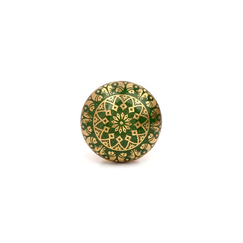 Brass cabinet knobs in vintage style with green and gold etched mandala pattern; decorative drawer pulls for furniture hardware.