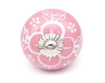 Bouton d'armoire en céramique peint à la main, motif floral rose (Ensemble de 1 bouton)