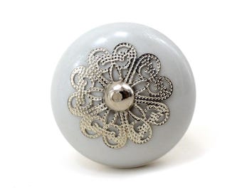 Bouton en céramique grise avec filigrane argenté - Quincaillerie pour armoire élégante (Ensemble de 1 bouton)