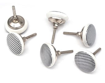 Cabinet Knob White Ceramic: Hand Painted Black Boho Pattern(Set of 1 Knob)
