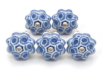 Blue White Pumpkin Shape Knob: Hand Painted Ceramic Floral Drawer Pull(Set of 1 Knob)
