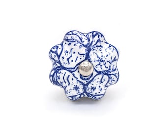 Blue Painted Door Knob Handmade Blue Flower Ceramic Knob | Pumpkin Cabinet Drawer Pull(Set of 1 Knob)