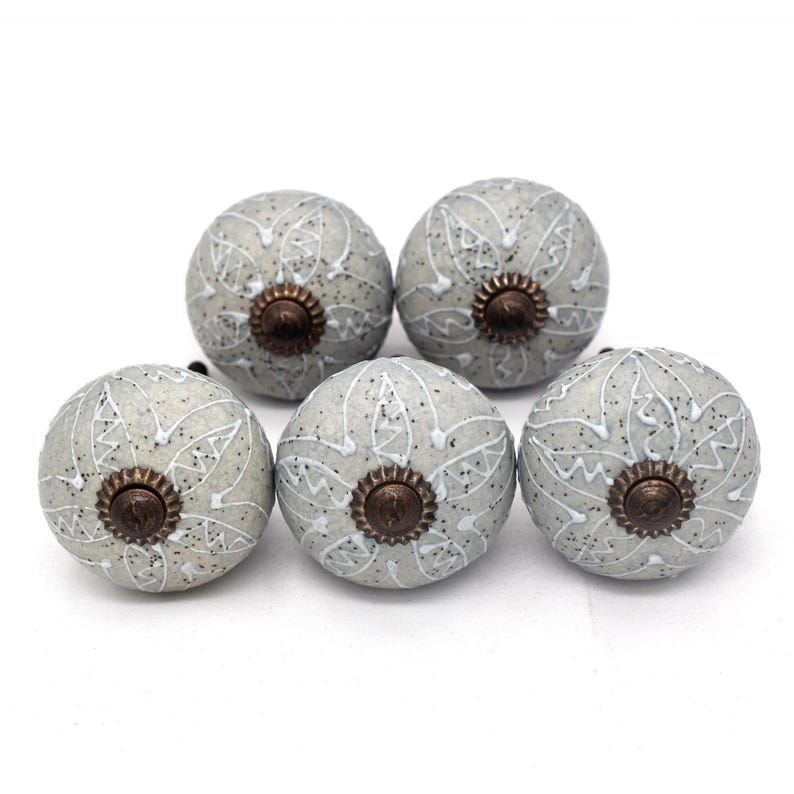 Gray ceramic knobs with hand-painted white mandala floral pattern, bronze back, threaded metal screw, home decor hardware