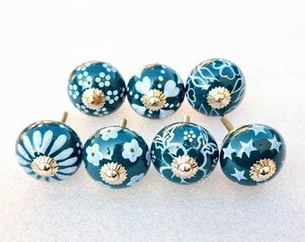 Dark green knob, hand-painted ceramic floral 1.5" drawer pull(Set of 1 Knob)