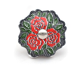 Ceramic Drawer Knob: Handpainted White Flower, Green Gold Vintage Pull, Cupboard Makeover(Set of 1 Knob)