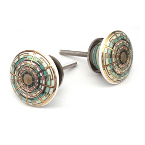 Poignée de tiroir en céramique : bouton rond fait main vert et or pour meubles (lot de 1 bouton)