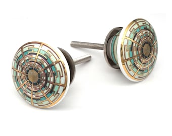 セラミック引き出し取っ手：丸型グリーン＆ゴールドハンドメイドノブ家具金具（ノブ1個セット）