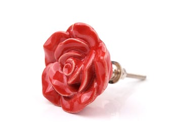 Glossy Red Rose Ceramic Drawer Knob Floral Cabinet Handle (Set of 1 Knob)
