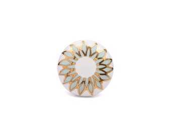 Mint Green and Gold Sunflower Unique Hand-Painted White Floral Cabinet Pull (Set of 1 Knob)