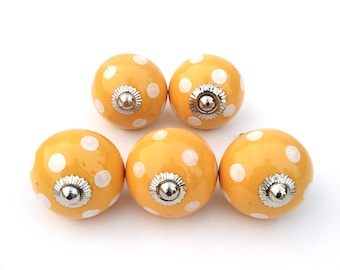 Compact round knob: Yellow Ceramic compact round knob with White Spots, 1.5 Inch(Set of 1 Knob)