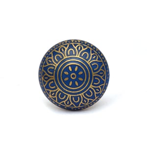 Blue and gold brass cabinet/drawer knob with Mughal floral motif, round brass hardware, mounting bolt.