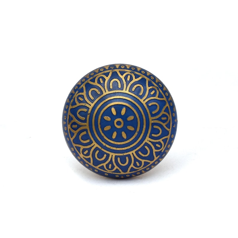 Blue and gold brass cabinet/drawer knob with Mughal floral motif, round brass hardware, mounting bolt.