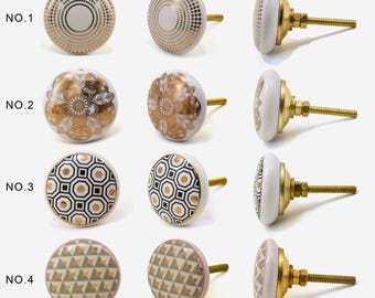 高級ゴールドノブ：ゴールドのディテールが施された手描きのホワイトセラミック（ノブ1個セット）