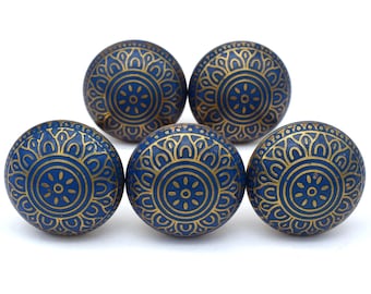 Pomello in stile Mughal in ceramica bianca, ottone, con motivo floreale, 1,5 (set da 1 pomello)