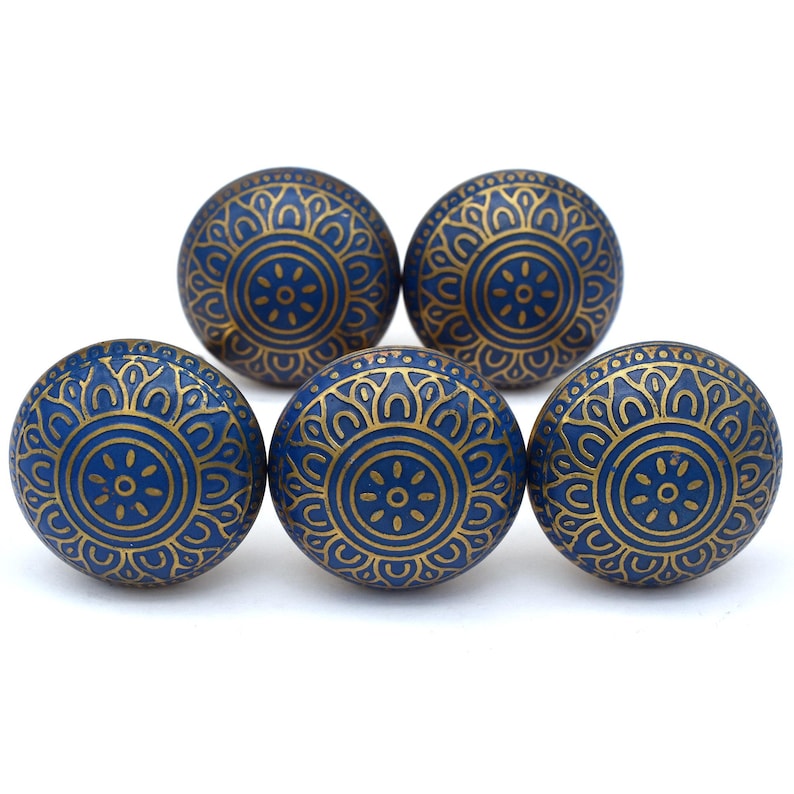 Blue and gold brass cabinet/drawer knob with Mughal floral motif, round brass hardware, mounting bolt.