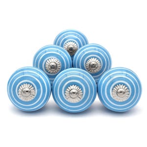 Pomos de cerámica azul cielo y blanco: tirador de armario vintage pintado a mano (juego de 1 pomo)
