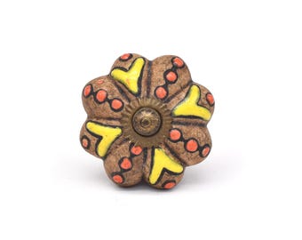 Bruine bloemen keramische knop – rustieke boho kastladeknop (set van 1 knop)