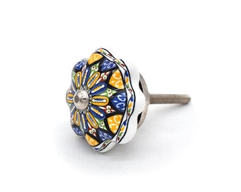 Ceramic Knob Yellow Blue Floral Pumpkin Hand-Painted Drawer Pull(Set of 1 Knob)
