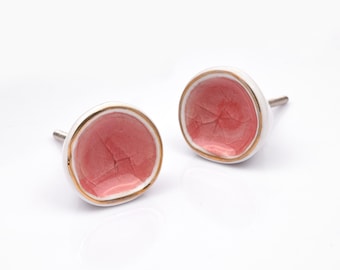 Unique Rose Pink and White Round Ceramic Cabinet Pull with Gold Trim (Set of 1 Knob)