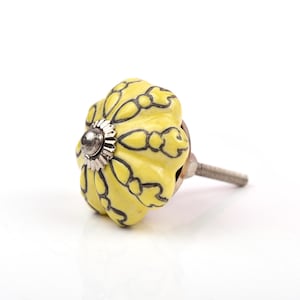 Può includere: Pomello per armadio in ceramica gialla con un motivo floreale nero. Il pomello ha una base e una vite in metallo argentato. Il pomello ha un diametro di circa 3,8 cm.