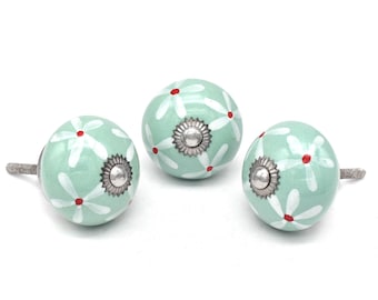 Pomello per cassetto in ceramica verde, motivo floreale, dipinto a mano (set da 1 pomello)