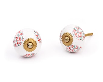 Vintage Floral Ceramic Knob with Brass Accent Decorative Drawer Pull (Set of 1 Knob)