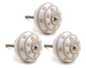 Keramische dressoirknop crèmewit: geëtste ronde kastknop met metalen detail (set van 1 knop)