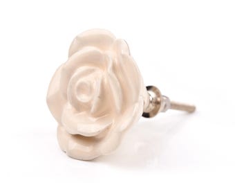 Pomello per cassetto in ceramica color crema con motivo a rosa, maniglia per mobiletto con fiore beige (set da 1 pomello)