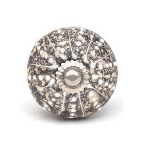 以下が含まれることがあります： 黒、ベージュ、白の色合いの斑点模様の装飾的なキャビネットノブ。ノブは丸い形で、銀色の金属製のベースと中央部があります。デザインは放射状のパターンを特徴としています。