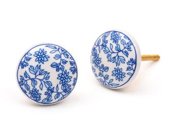 Hand-Painted Chinoiserie Ceramic Knob – Blue Floral Vine Cabinet Pull (Set of 1 Knob)