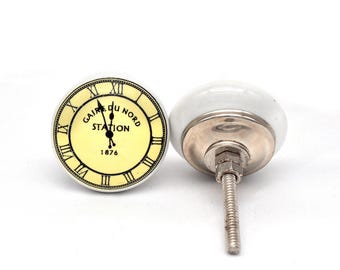 Ceramic Cabinet Knob: Hand Painted Cartoon Watch, White Multicolor Drawer Pull(Set of 1 Knob)
