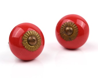 Red ceramic cabinet knob, Assorted green and white designs, Single piece ceramic hardware