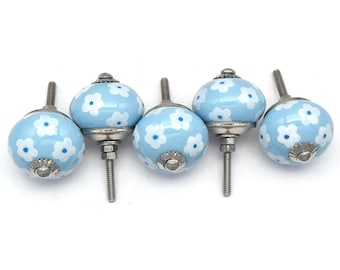 Sky Blue Flower Art Ceramic Knobs, Handmade Cabinet Hardware(Set of 1 Knob)