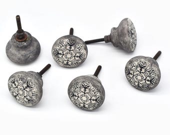 Knob Gray White Ceramic: Vintage Hand Painted Hardware Drawer Pull(Set of 1 Knob)