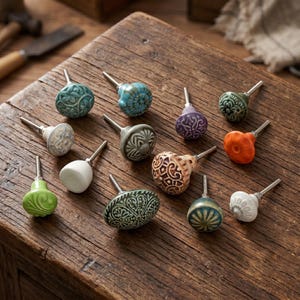 Pode incluir: Uma coleção de doze puxadores de cerâmica para armários em várias cores e padrões, incluindo azul-petróleo, verde, laranja, branco, roxo e castanho. Cada puxador possui um parafuso de metal e um design único em relevo ou pintado.