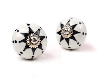 Hand-Painted White and Black Star Ceramic Knob - Decorative Polka Dot Starburst Drawer Pull (Set of 1 Knob)