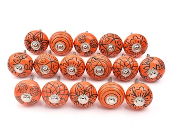 Ceramiczna gałka do szafki, pomarańczowy, kwiatowy, okrągły uchwyt, pomysł na ulepszenie szafki (zestaw 1 gałki)