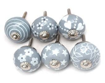 Gray Ceramic Knobs, Hand-Painted, Assorted Designs(Set of 1 Knob)