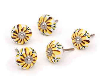 Handcrafted Yellow and Brown Daisy Ceramic Knob (Set of 1 Knob)