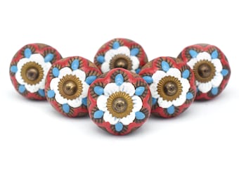 Pomelli in ceramica dipinti a mano con motivi floreali - Rosso e bianco, decorazione per la casa (set da 1 pomello)