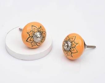 Orange Mandala Knob, Hand-Painted Ceramic Cabinet Accent, Lotus Design Pull