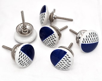 Blue & White Ceramic Cabinet Knobs, Hand-Painted Art Design(Set of 1 Knob)
