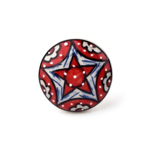 Handcrafted Red and Blue Patriotic Star Ceramic Knob - Vibrant Hand-Painted Decorative Cabinet Pull for Dresser Drawers (Set of 1 Knob)