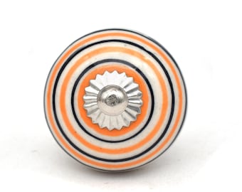 Handmade Round Ceramic Knob, Orange, White & Blue(Set of 1 Knob)